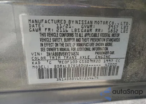 2022 Nissan Sentra S from USA, damaged, VIN 3N1AB8BV6NY214674